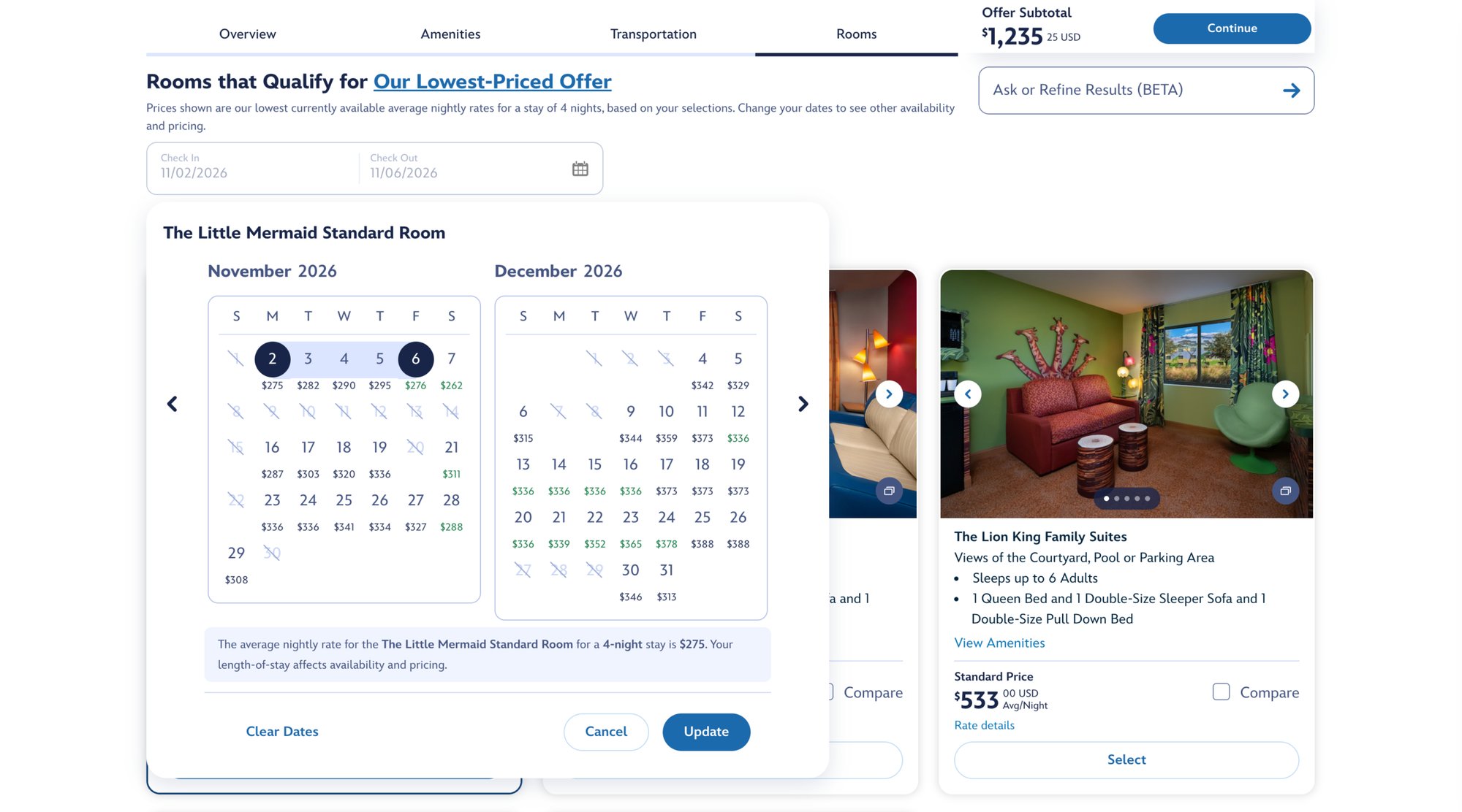 A Walt Disney World resort booking page showing a November and December 2026 calendar for The Little Mermaid Standard Room with a nightly price under each available date, November 2 to 6 selected, a note that the average nightly rate for a 4 night stay is $275, an Ask or Refine Results BETA box, and a room card for The Lion King Family Suites at a standard price of $533 per night