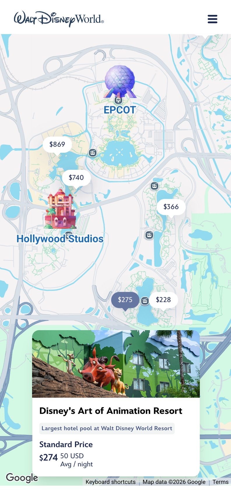 A phone screenshot of a Google map of Walt Disney World showing EPCOT and Hollywood Studios with resort price pins of $869, $740, $366, $275 and $228, and a card for Disney's Art of Animation Resort tagged Largest hotel pool at Walt Disney World Resort with a standard price of $274.50 average per night