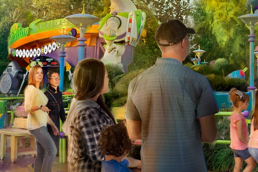 Close crop of the artist concept showing the Alien Swirling Saucers marquee with a row of round letters spelling Lilypad Jams beneath it, a large Buzz Lightyear figure behind