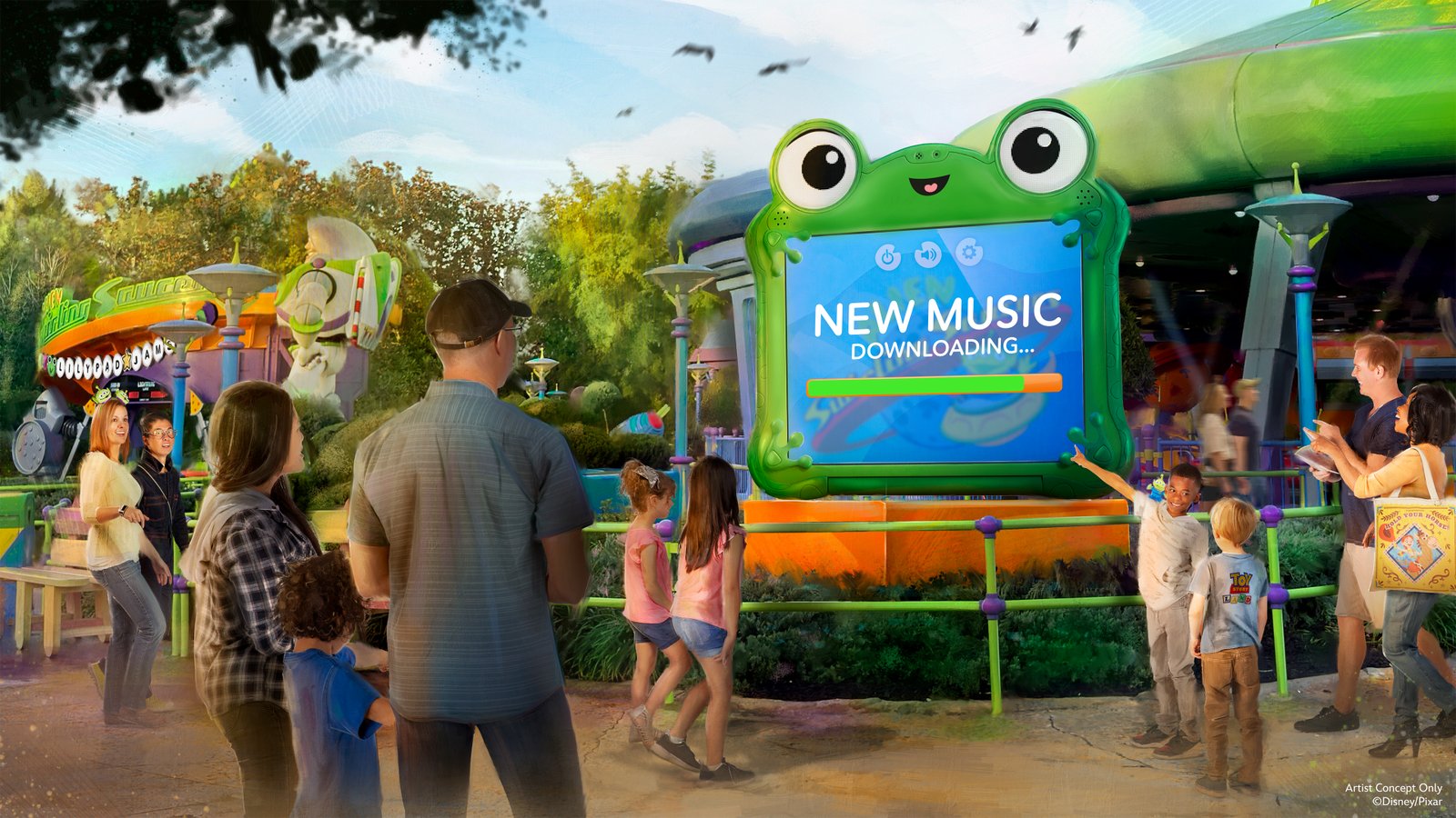 Artist concept of a large green frog-shaped tablet screen reading New Music Downloading beside Alien Swirling Saucers, with guests watching and a Buzz Lightyear figure in the background