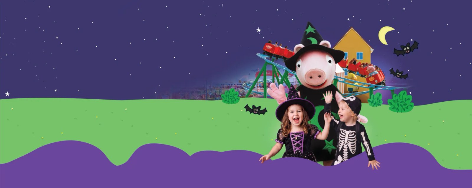 Key art of a costumed Peppa Pig character in a witch hat with two laughing children dressed as a witch and a skeleton, in front of a small coaster and a yellow house under an illustrated starry night sky with bats