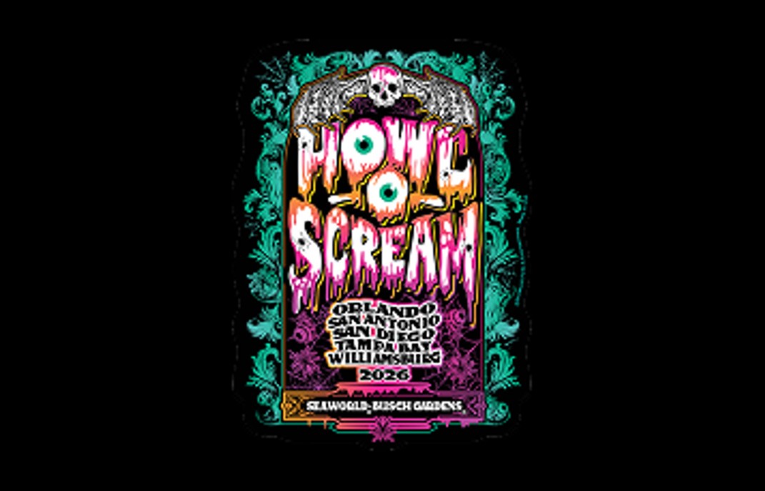 A Howl-O-Scream magnet design with dripping pink and orange lettering, eyeballs in the O's, a teal ornate frame, and the words Orlando, San Antonio, San Diego, Tampa Bay, Williamsburg 2026 and SeaWorld Busch Gardens
