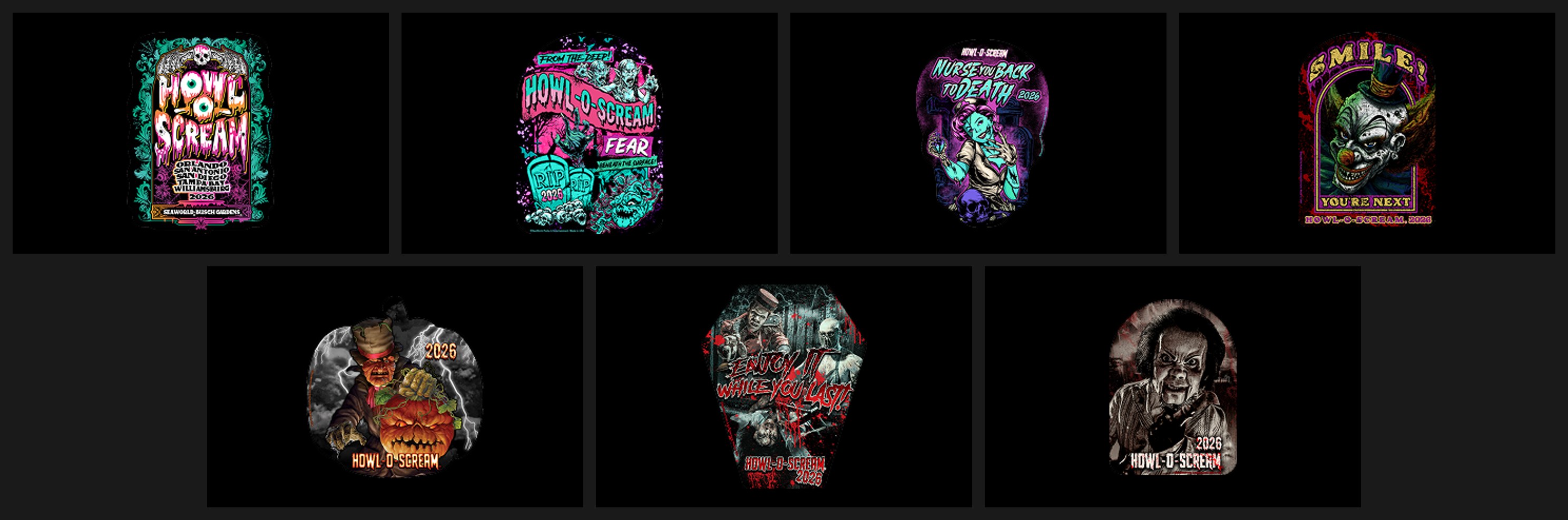 Seven Howl-O-Scream 2026 magnet designs on a dark background, including a dripping Howl-O-Scream logo, a From the Deep design with RIP tombstones, a zombie nurse, a grinning clown, a pumpkin ghoul, a coffin-shaped design reading Enjoy It While You Last, and a sepia-toned grinning figure