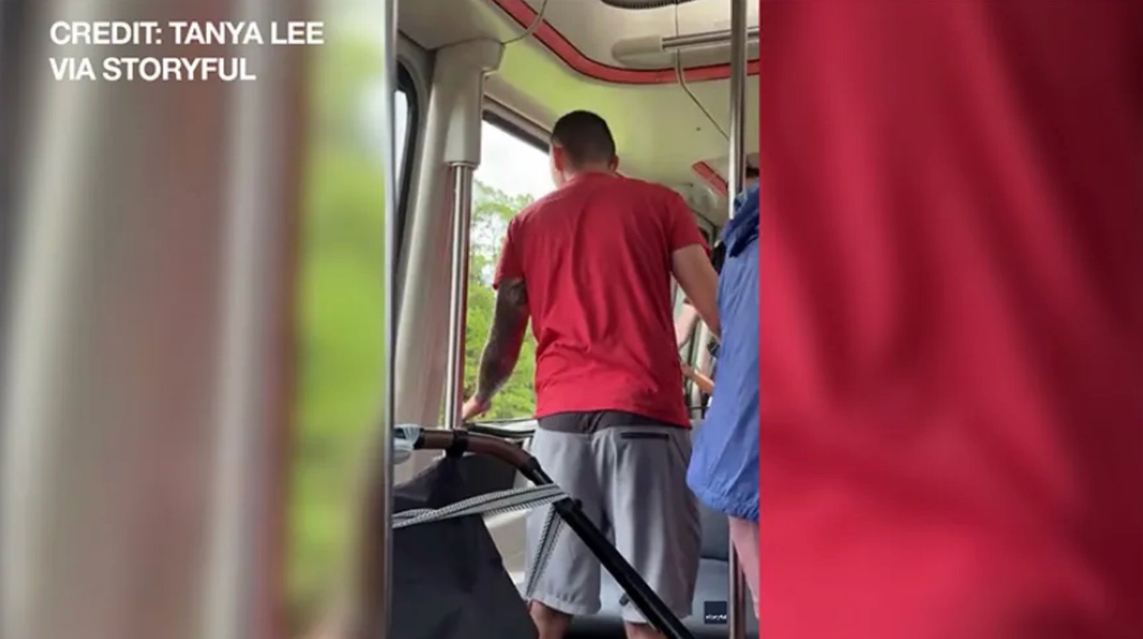 A man in a red shirt stands with his hands at a window inside a Walt Disney World monorail car, with trees visible outside