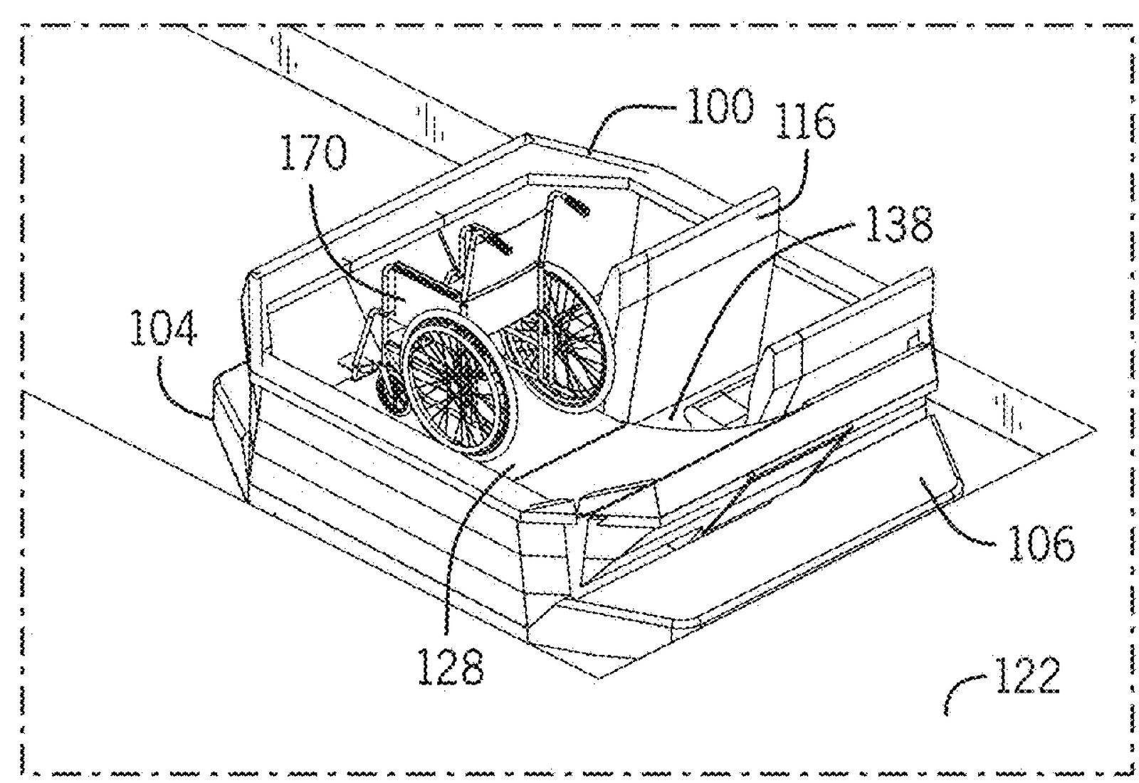 Patent line drawing of a level ride boat with a wheelchair on a platform inside the passenger compartment, beside a seat