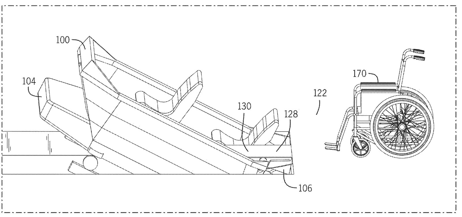 Patent line drawing of a two-seat ride boat pitched steeply with its front raised, its rear end low beside the loading platform, and a wheelchair waiting on the platform