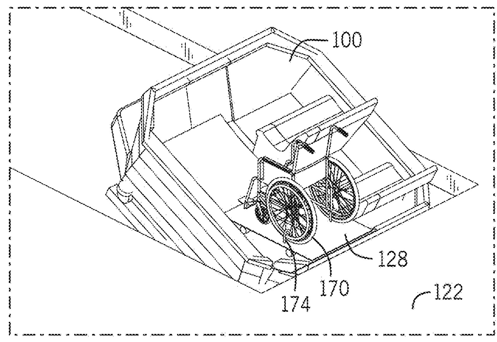 Patent line drawing of a wheelchair sitting on a flat platform inside a tilted ride boat, next to a loading platform