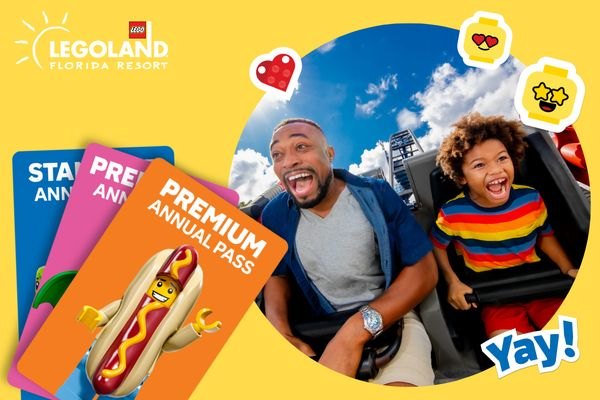 Legoland Florida Resort promotional graphic with fanned Standard, Preferred and Premium annual pass cards, the Premium card showing a hot dog costume minifigure, beside a man and a boy screaming happily on a roller coaster, with a Yay! badge