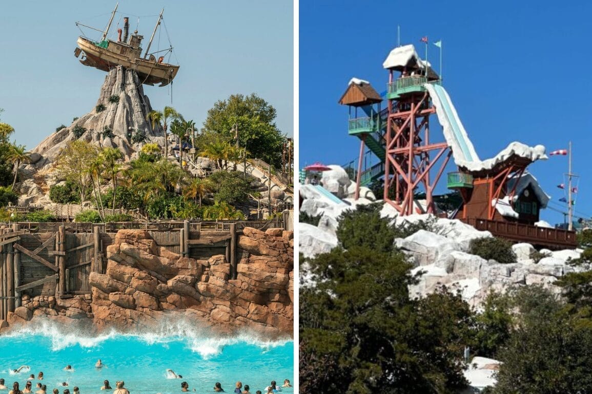 Side-by-side photos: on the left, Typhoon Lagoon's shipwrecked boat Miss Tilly perched on top of its rocky mountain above swimmers in the surf pool; on the right, the snow-capped red ski-jump tower of Summit Plummet at Blizzard Beach against a blue sky