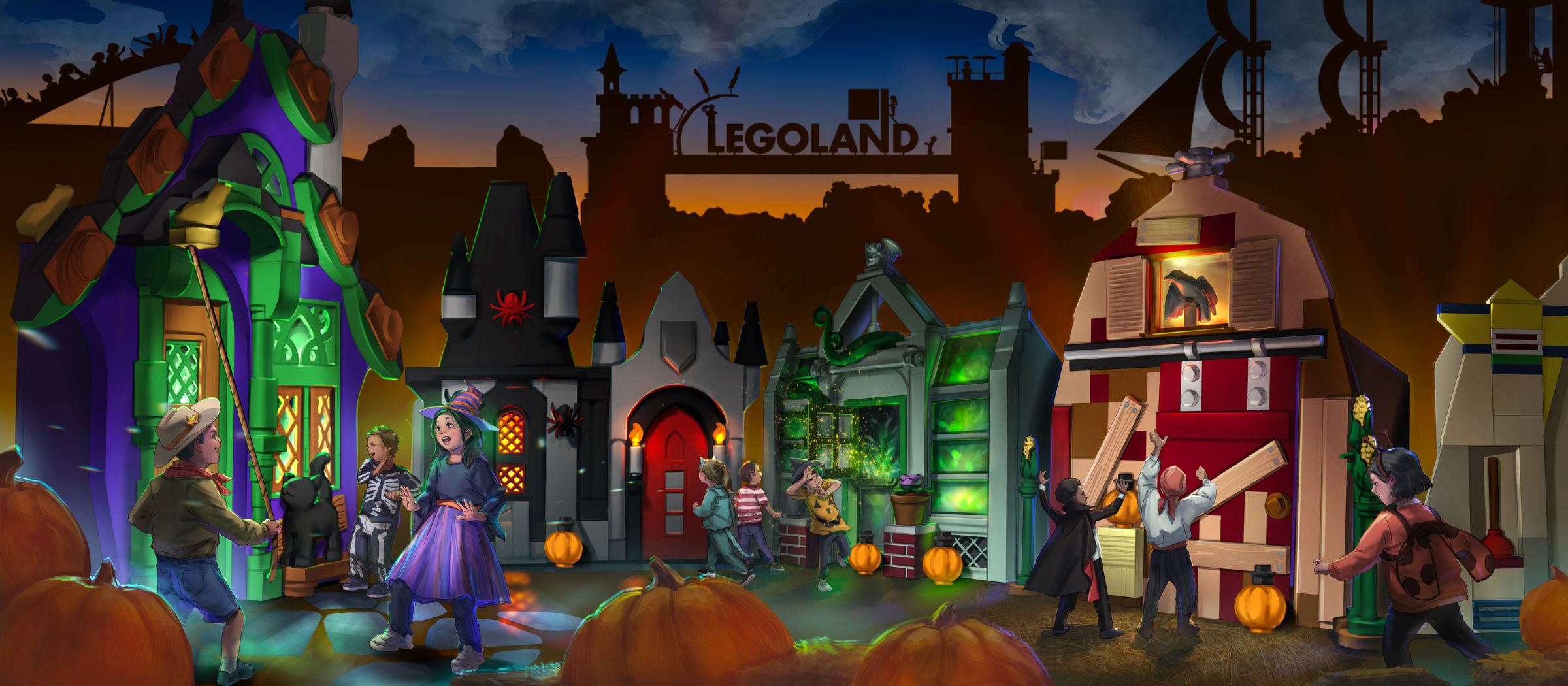 Wide promotional artwork of Brick or Treat Street at dusk showing a row of Halloween houses, including a green witch's cottage, a spider covered castle, a glowing greenhouse and a red barn, with costumed children walking among oversized pumpkins