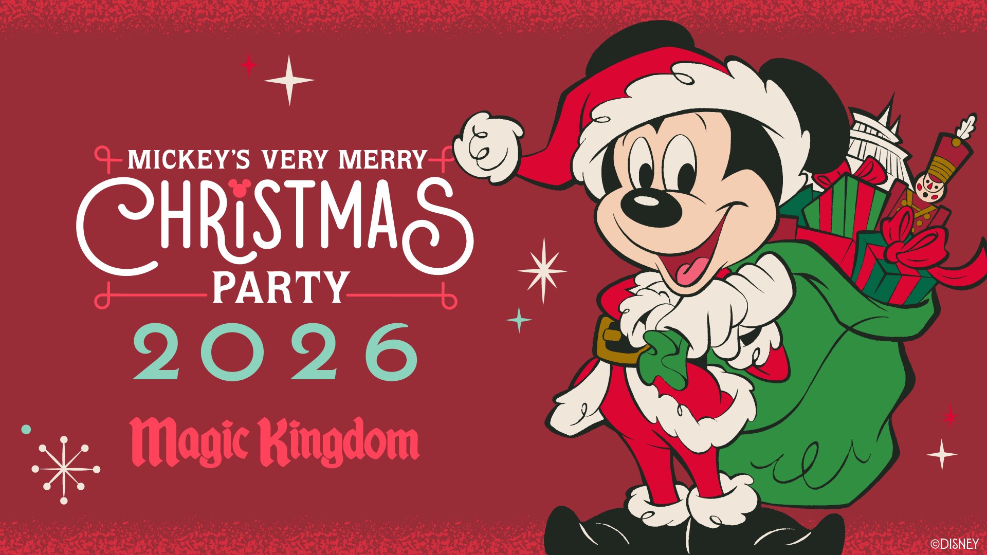 Mickey's Very Merry Christmas Party 2026 key art on a red background, with Mickey Mouse in a Santa suit carrying a green sack of striped presents and a nutcracker