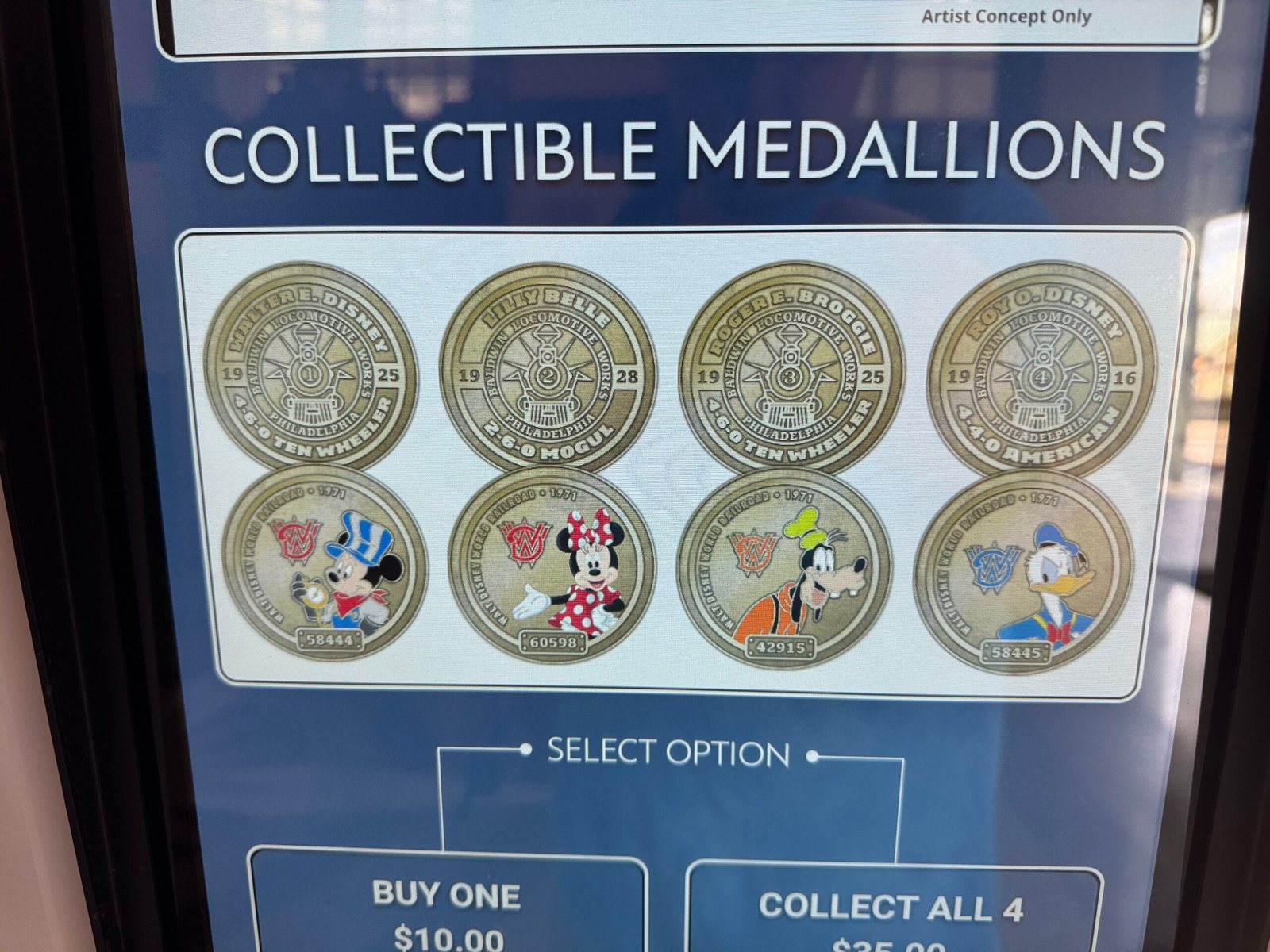 A screen headed Collectible Medallions showing eight coin faces: the top row shows four bronze coin backs, each with a steam locomotive and the names Walter E. Disney, Lilly Belle, Roger E. Broggie and Roy O. Disney around Baldwin Locomotive Works lettering, and the bottom row shows Mickey in a striped engineer's hat, Minnie, Goofy and Donald in color beside a railroad insignia and numbers 58444, 60598, 42915 and 58445, with Buy One $10.00 and Collect All 4 buttons below