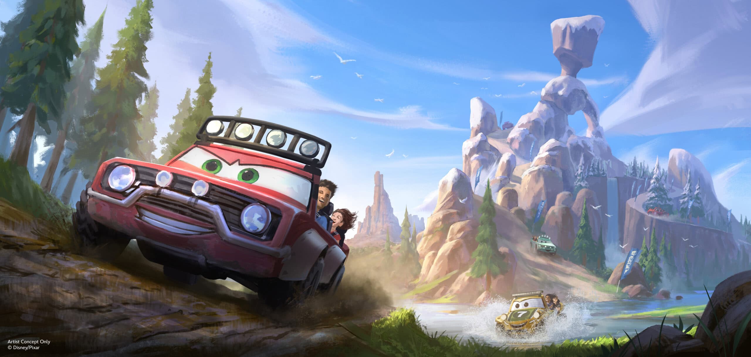 Disney concept art of a red off-road vehicle with eyes in its windshield carrying two guests down a rocky slope, with a balanced rock formation, pine trees and a second vehicle splashing through water behind