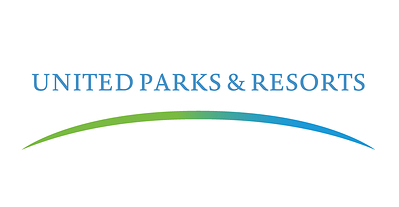 The United Parks and Resorts corporate logo, the company name in blue serif capitals above a curved swoosh that fades from green at the left to blue at the right, on a plain white background