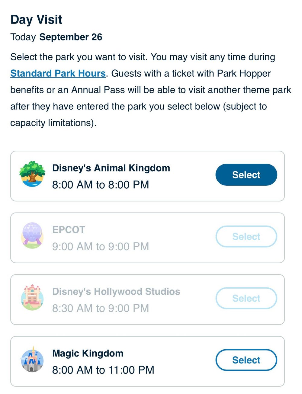 Disney World passholder reservation screen for Today, September 26, listing Disney's Animal Kingdom 8:00 AM to 8:00 PM and Magic Kingdom 8:00 AM to 11:00 PM with active Select buttons, while EPCOT 9:00 AM to 9:00 PM and Disney's Hollywood Studios 8:30 AM to 9:00 PM are greyed out