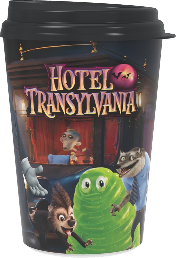 A black-lidded souvenir cup printed with the Hotel Transylvania logo above a hotel front desk, with a werewolf, a green blob and other monsters in the foreground