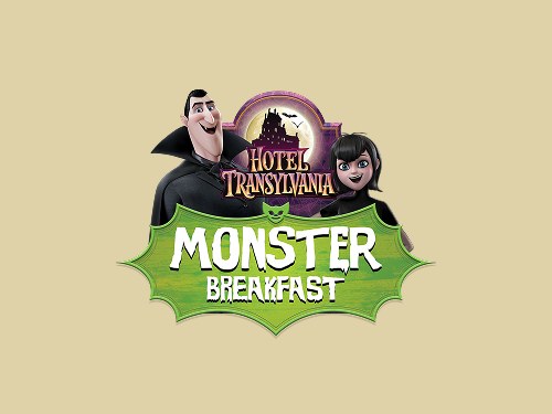 Hotel Transylvania Monster Breakfast logo: Drac and Mavis on either side of a purple castle crest reading Hotel Transylvania, above a jagged green banner reading Monster Breakfast, on a tan background
