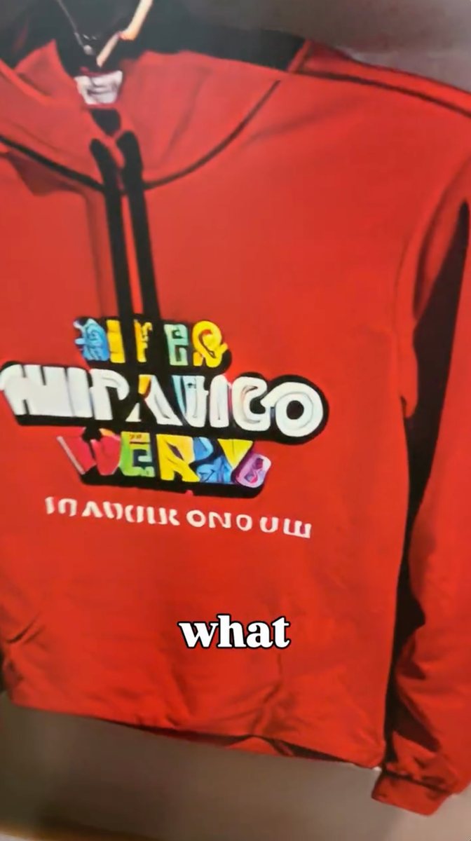 Close-up of a red hoodie in the wall graphic, with a multicolored logo in the style of Super Nintendo World whose letters are scrambled and unreadable, a line of garbled white text below it, and the word what captioned over the frame