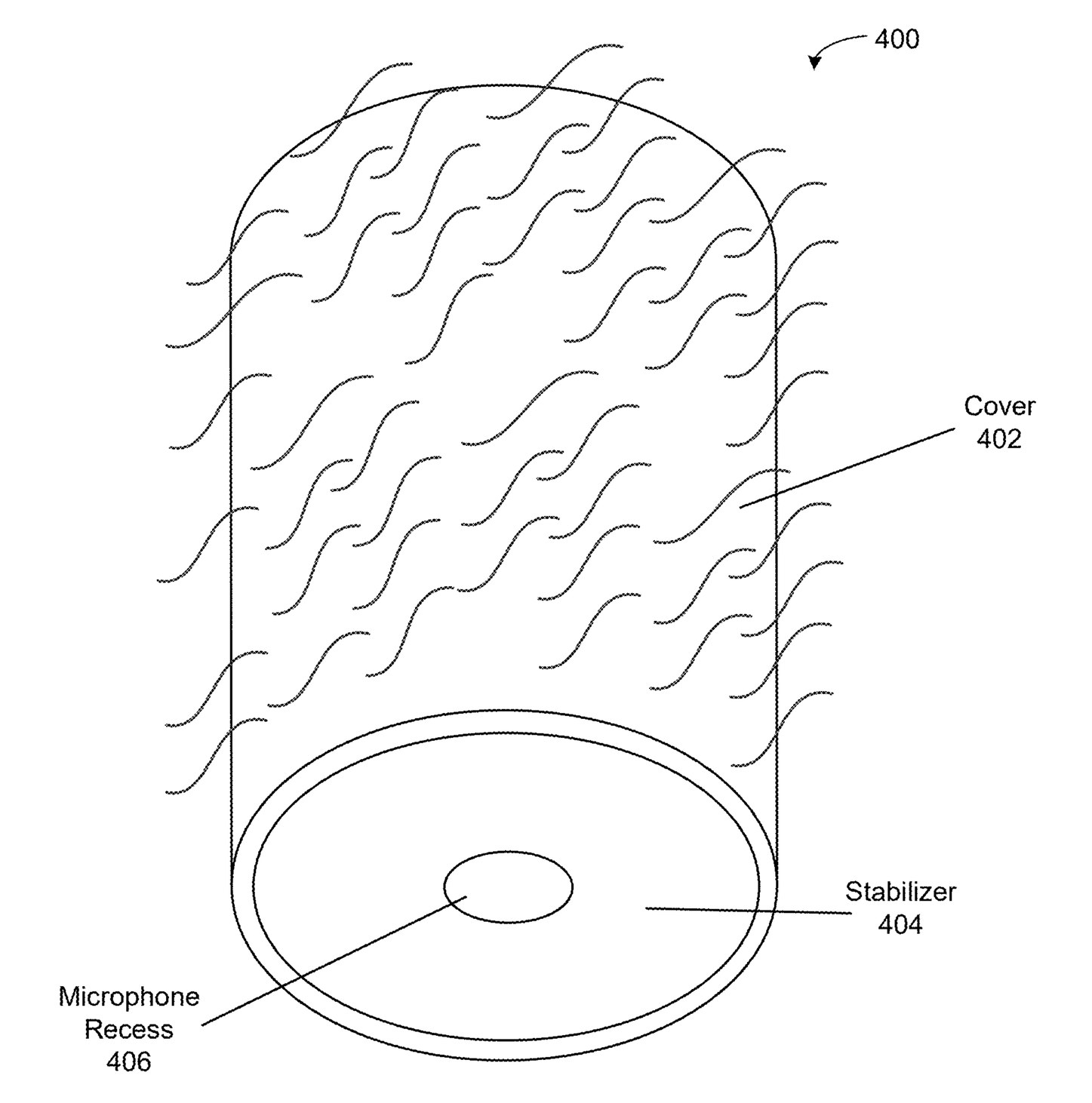 Patent line drawing of a cylindrical cover drawn with wavy fur lines, with a stabilizer disc at its base and a small microphone recess in the center