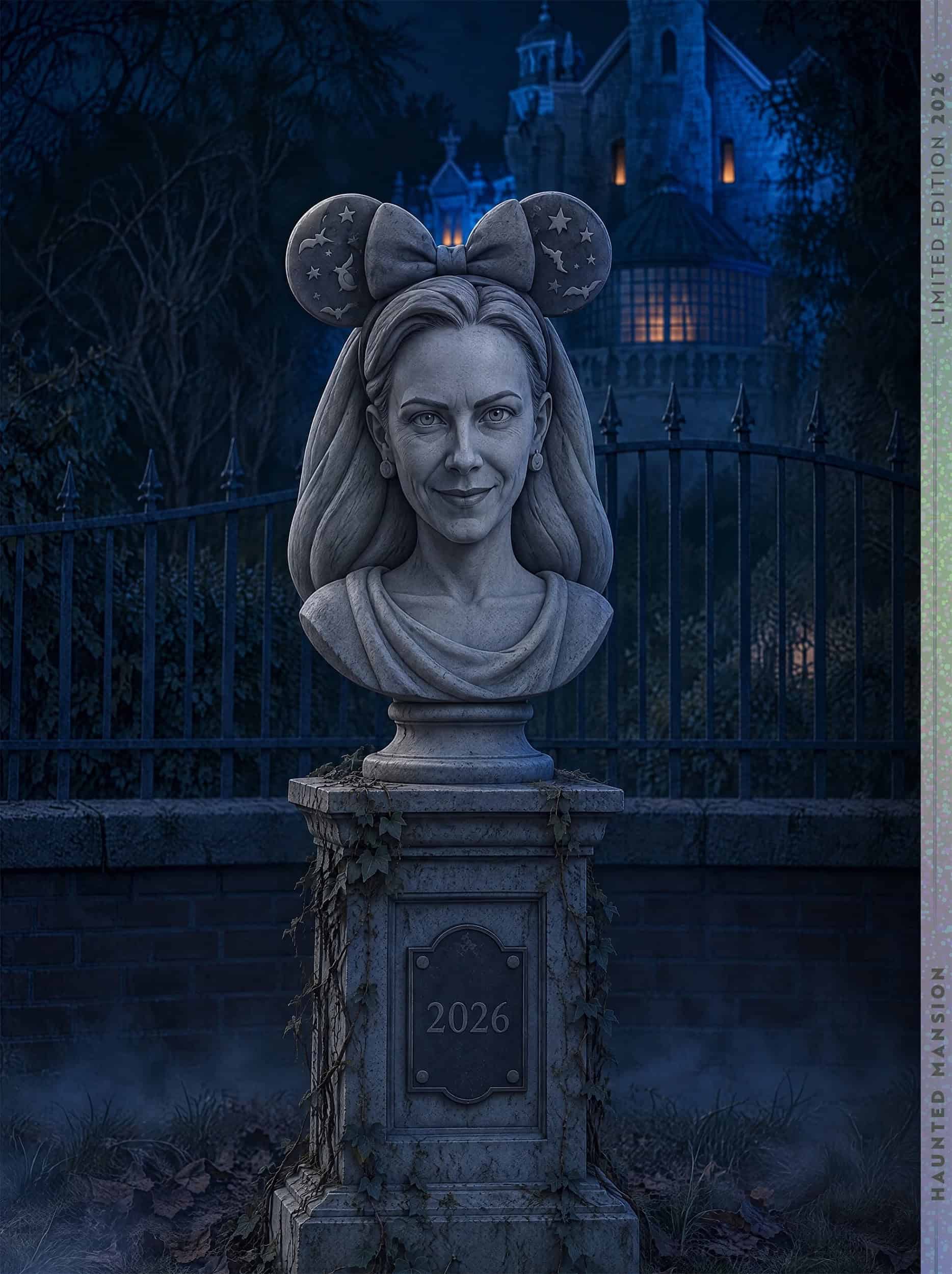 A gray stone bust of a smiling woman wearing Minnie ears decorated with stars, bats and a crescent moon, on an ivy-covered pedestal with a 2026 plaque, in front of an iron fence and a blue-lit Haunted Mansion at night, with a Limited Edition 2026 and Haunted Mansion strip along the right edge