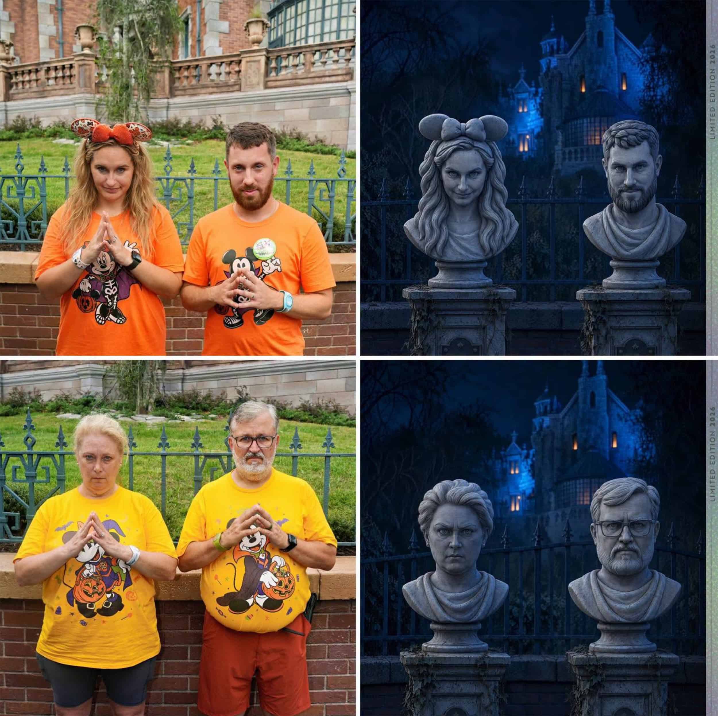 Two couples in Halloween Mickey and Minnie shirts pose at a teal iron fence in front of the Haunted Mansion, each shown beside a version of the photo turning them into gray stone busts on pedestals in front of a blue-lit Mansion at night