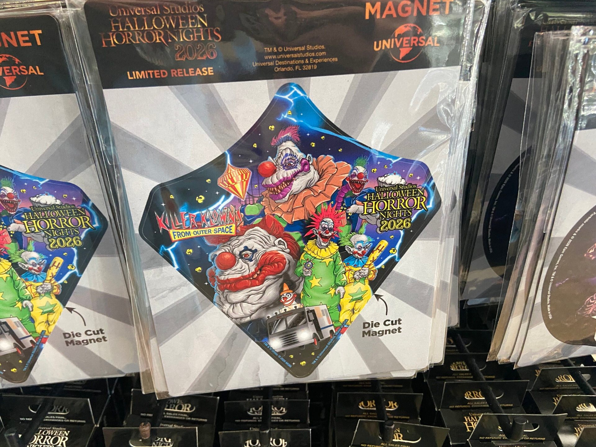 A packaged die-cut magnet shaped like a circus tent showing several grinning Killer Klowns From Outer Space characters and an ice cream truck, labelled Limited Release