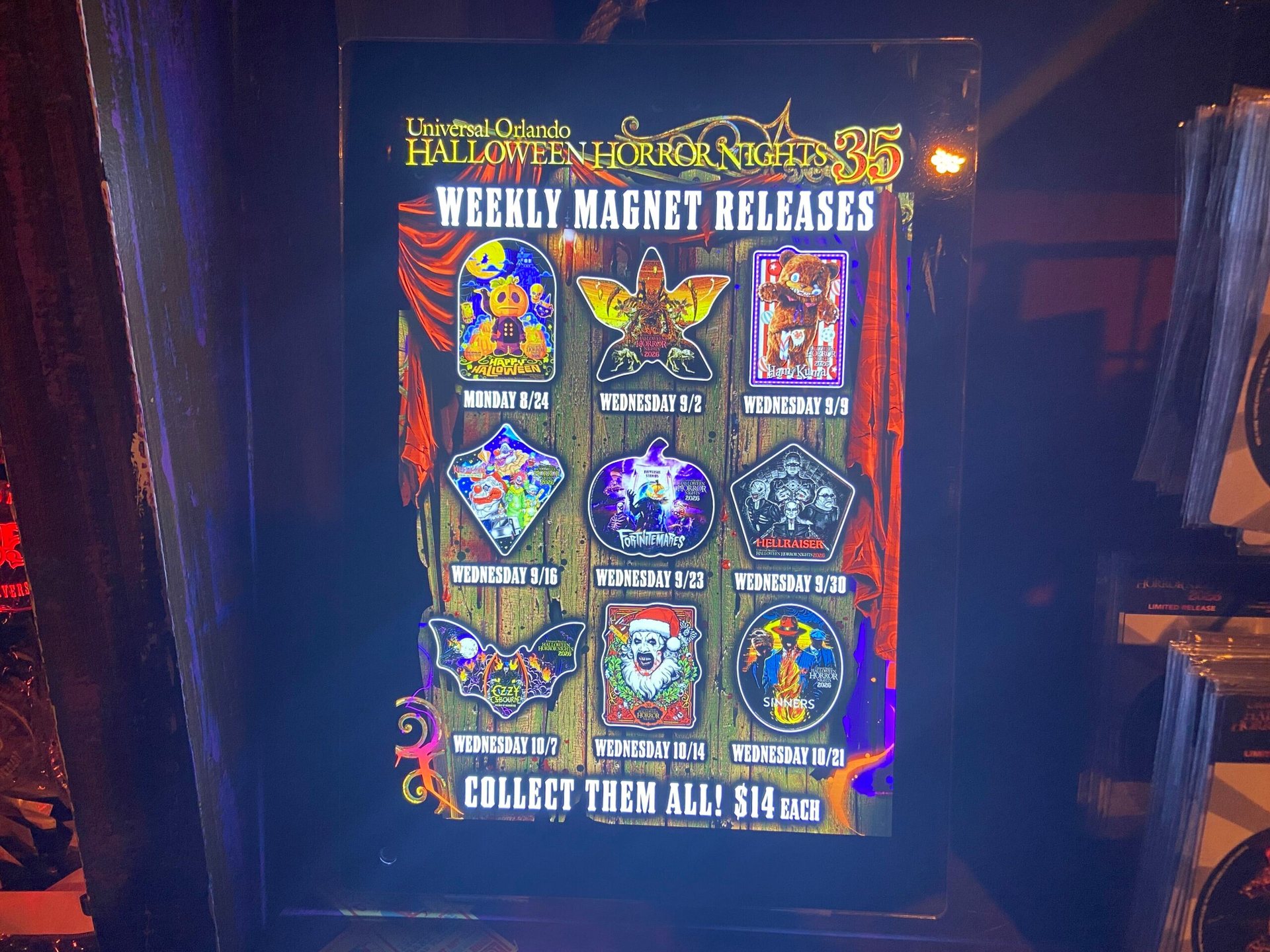 A lit sign headed Universal Orlando Halloween Horror Nights 35 Weekly Magnet Releases shows nine die-cut magnet designs with release dates and the line Collect Them All! $14 Each