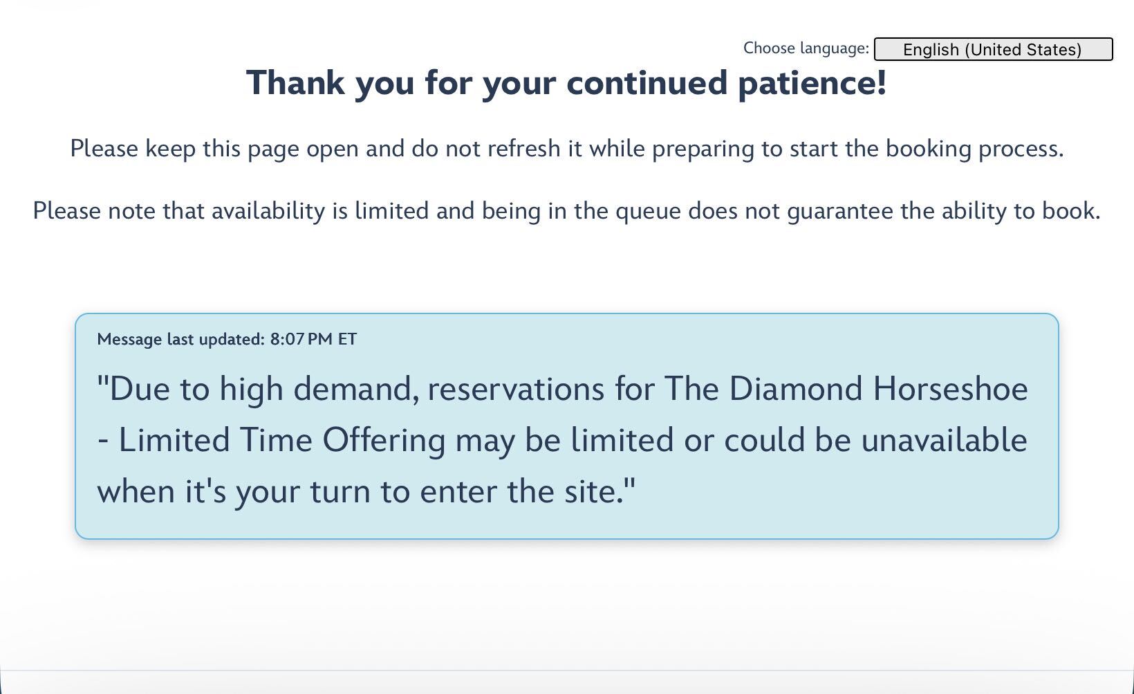 Disney waiting-room screen reading Thank you for your continued patience, with a message last updated 8:07 PM ET warning that reservations for The Diamond Horseshoe - Limited Time Offering may be limited or unavailable
