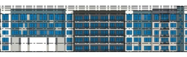 A low-resolution architectural elevation drawing of a long five-story apartment building with rows of blue windows