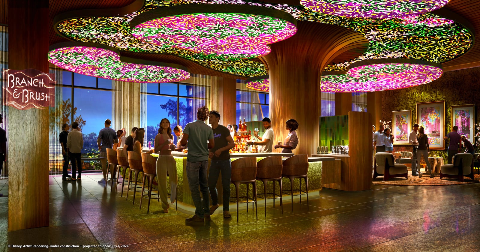 Concept art of Branch and Brush, a lounge at Disney's Lakeshore Lodge with a color-changing chandelier and views of Bay Lake