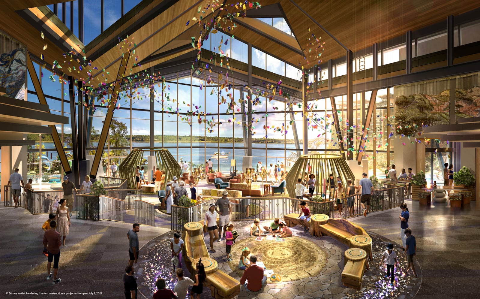 Concept art of the Disney's Lakeshore Lodge lobby with floor to ceiling windows, a glass leaf sculpture and a glowing river in the floor