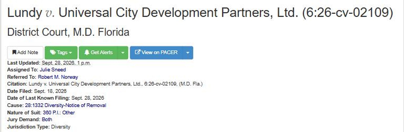 CourtListener docket header reading Lundy v. Universal City Development Partners, Ltd. (6:26-cv-02109), District Court, M.D. Florida, with Date Filed Sept. 18, 2026 and Cause 28:1332 Diversity-Notice of Removal