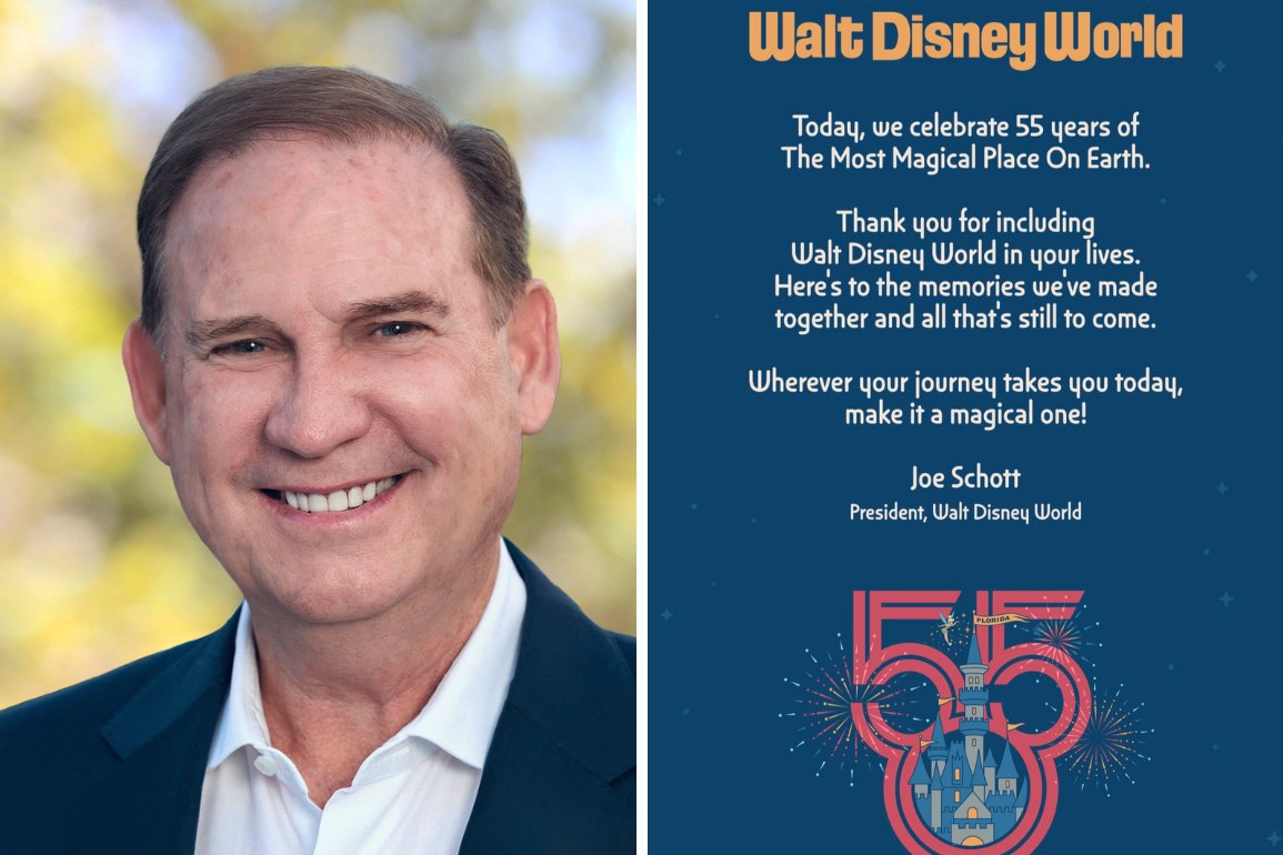 A headshot of Joe Schott beside a navy card reading Walt Disney World with his 55th anniversary message, signed Joe Schott, President, Walt Disney World, above a red 55 logo with Cinderella Castle and fireworks