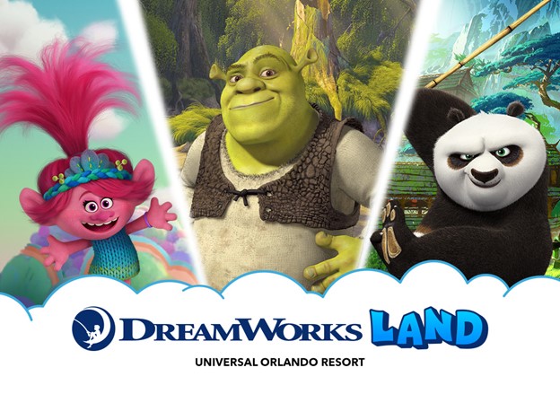 DreamWorks Land key art showing Poppy from Trolls, Shrek and Po from Kung Fu Panda above the DreamWorks Land Universal Orlando Resort logo