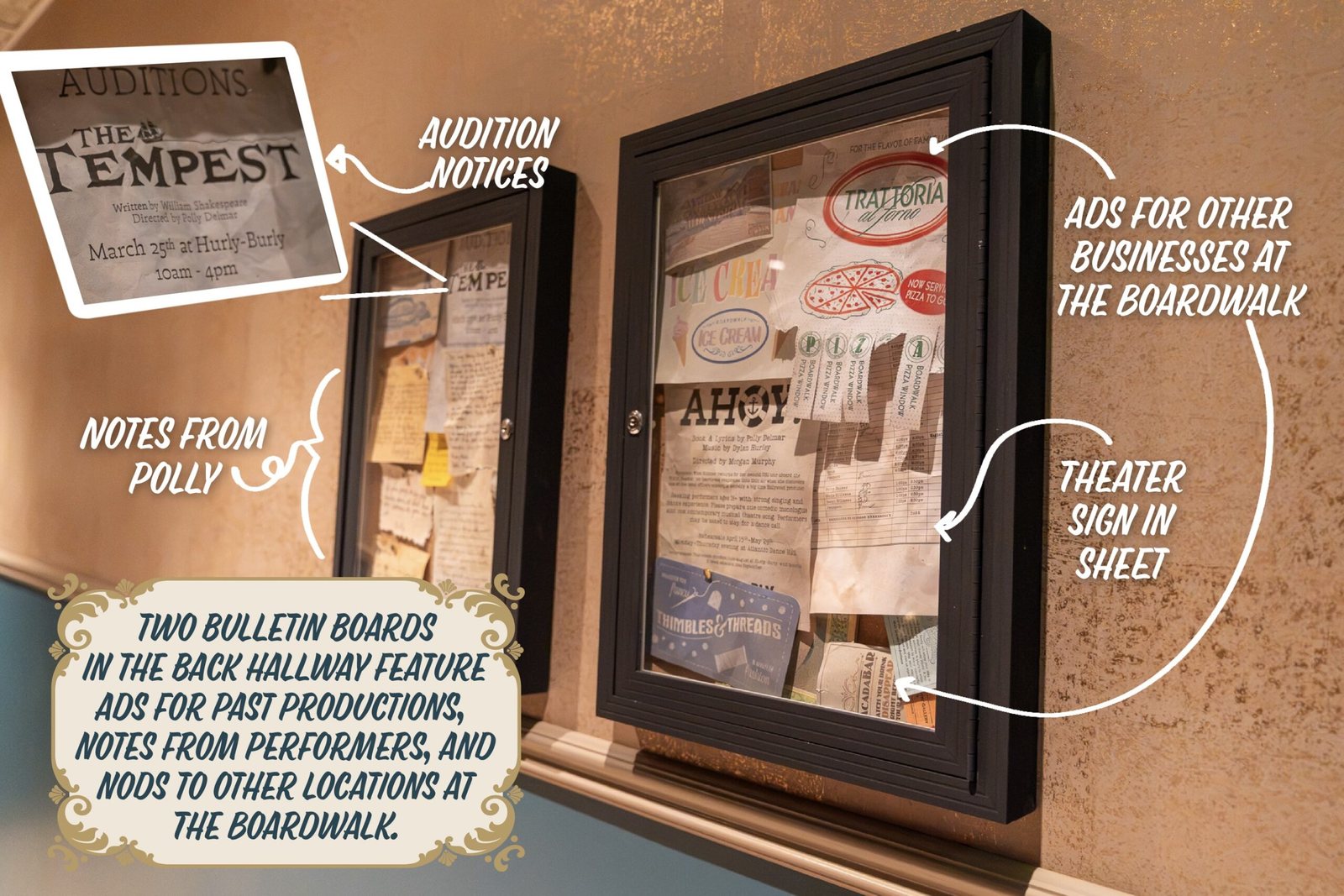 Two framed bulletin boards on a hallway wall covered in notices, including an audition notice for The Tempest directed by Polly Delmar and an ad for Trattoria al Forno