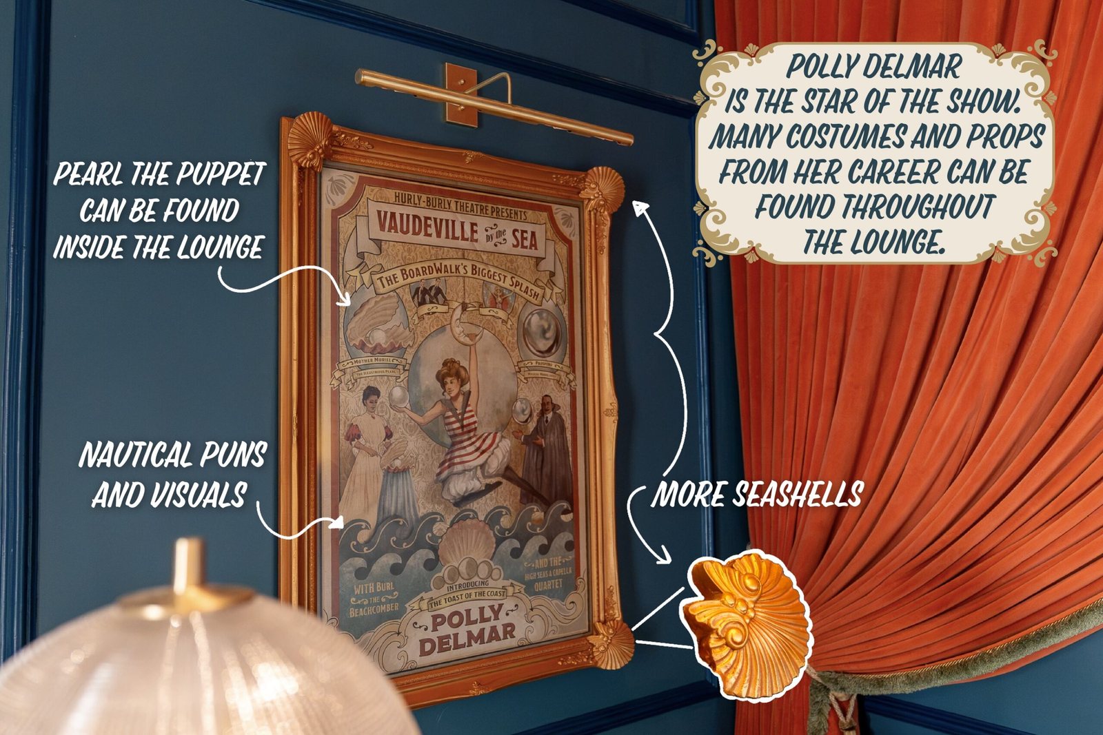 A gold-framed Vaudeville by the Sea poster on a blue wall introducing Polly Delmar, the Toast of the Coast, with Imagineering callouts about Pearl the puppet and nautical puns
