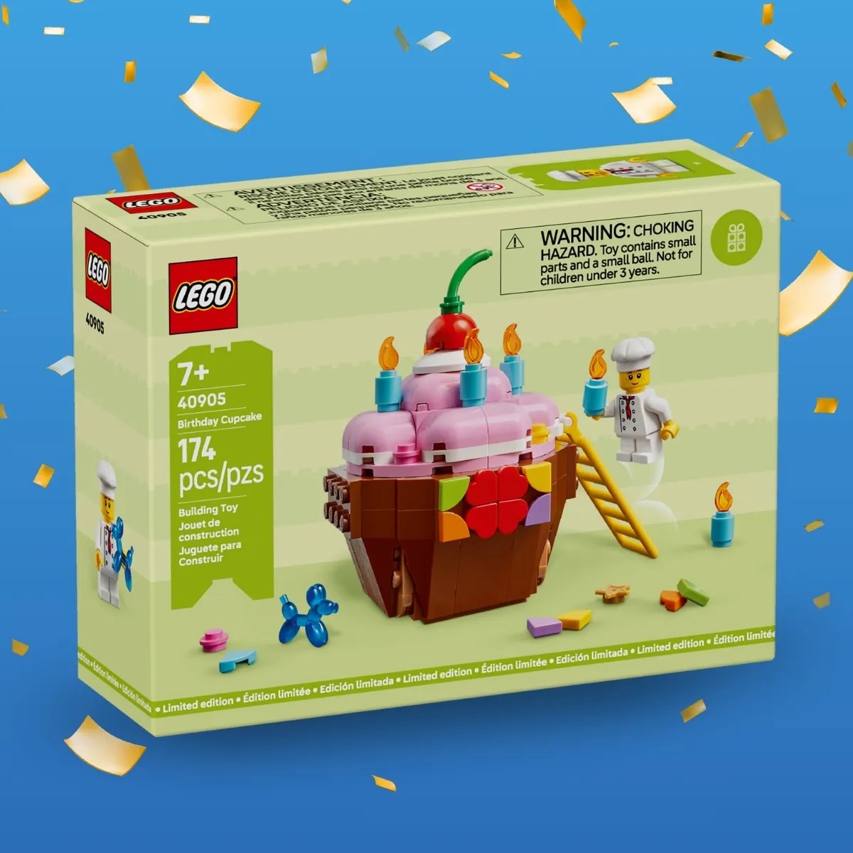 A LEGO set box for set 40905 Birthday Cupcake, 174 pieces, showing a brick-built pink cupcake with candles and a baker minifigure next to a ladder