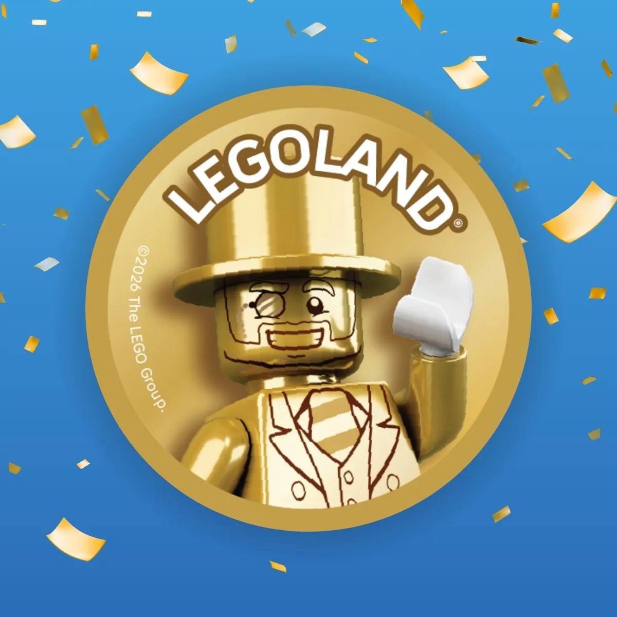 A gold Pop Badge showing Mr. Gold, a gold LEGO minifigure in a top hat and monocle, waving