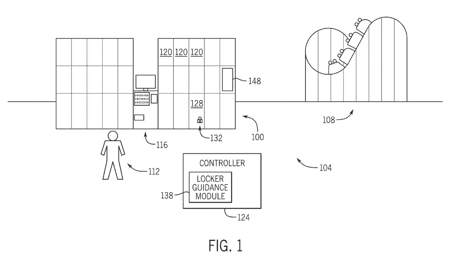 Patent drawing labeled Fig. 1 showing a guest standing beside two banks of lockers with a kiosk between them, a controller box labeled Locker Guidance Module, and a looping roller coaster in the background