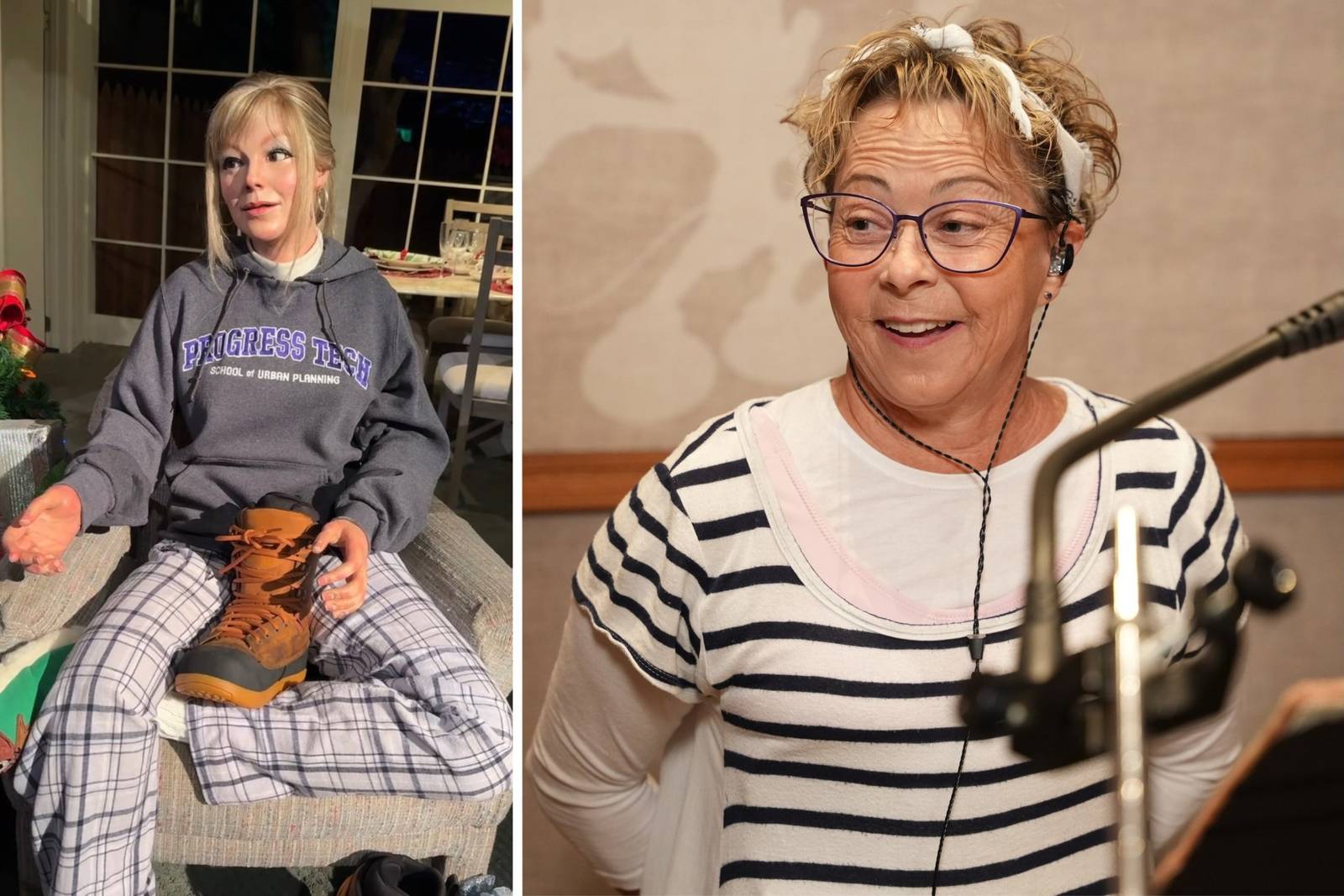 Side by side photos: on the left, the Patricia Audio-Animatronics figure from the previous Carousel of Progress Christmas finale, a blonde young woman in a gray Progress Tech hoodie and plaid pajama pants holding a work boot, with a decorated tree at the edge of the frame; on the right, Debi Derryberry in purple glasses and a striped top smiling in front of a studio microphone