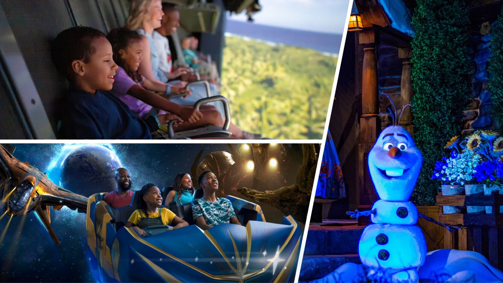 A three-panel Disney promotional image: children looking out from a flying ride vehicle over a green landscape, riders in a Guardians of the Galaxy coaster car against a starfield, and an Olaf figure beside flowers