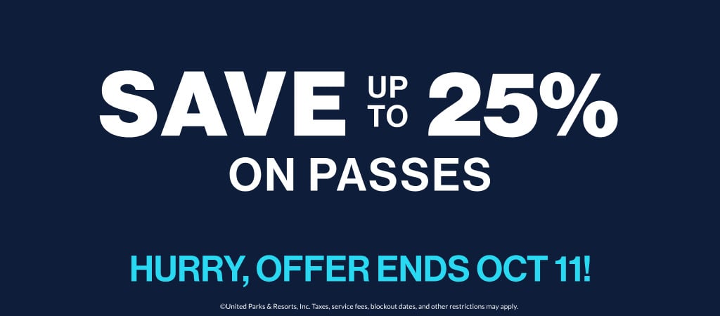 Navy blue SeaWorld promotional banner reading Save up to 25% on passes, Hurry, offer ends Oct 11