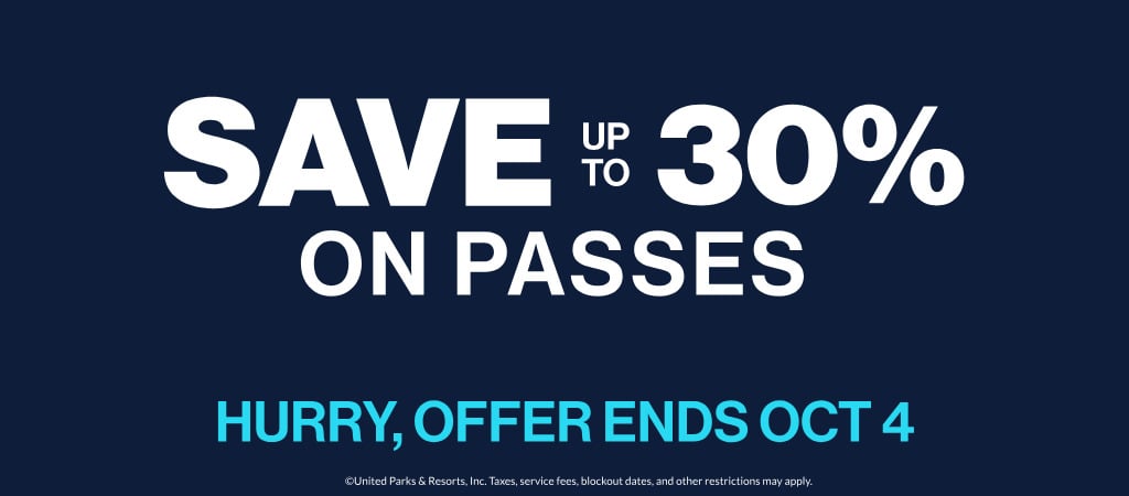 Navy blue SeaWorld promotional banner reading Save up to 30% on passes, Hurry, offer ends Oct 4