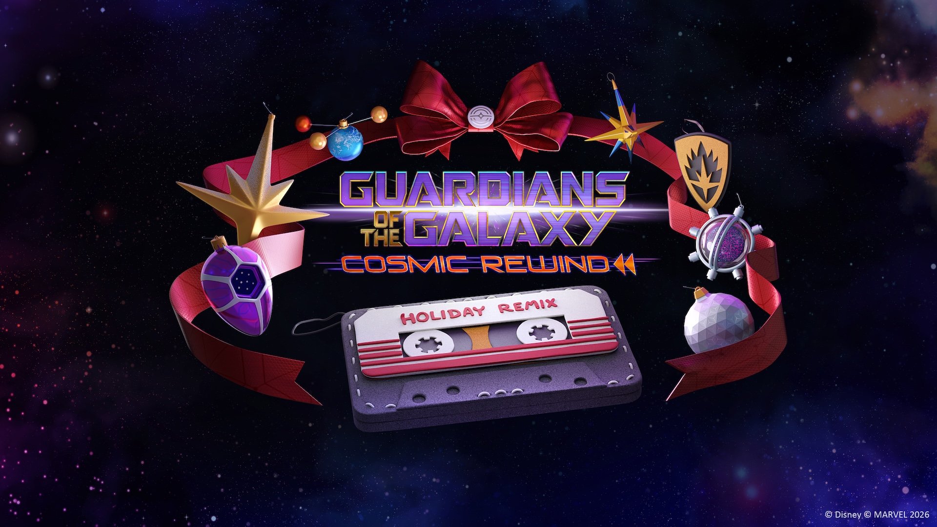 Guardians of the Galaxy: Cosmic Rewind logo surrounded by a red ribbon, a bow and space-themed ornaments, above a cassette tape labeled Holiday Remix, against a starfield