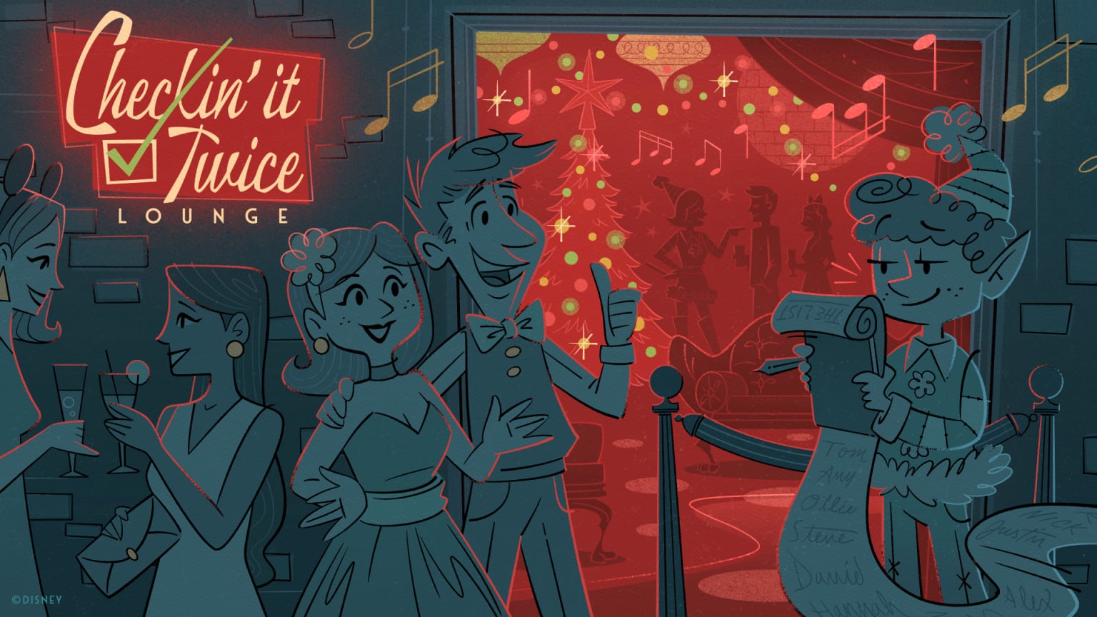 Retro cartoon illustration of party guests in evening wear outside a red-lit lounge, with a neon sign reading Checkin' it Twice Lounge and an elf at a velvet rope checking names off a long list