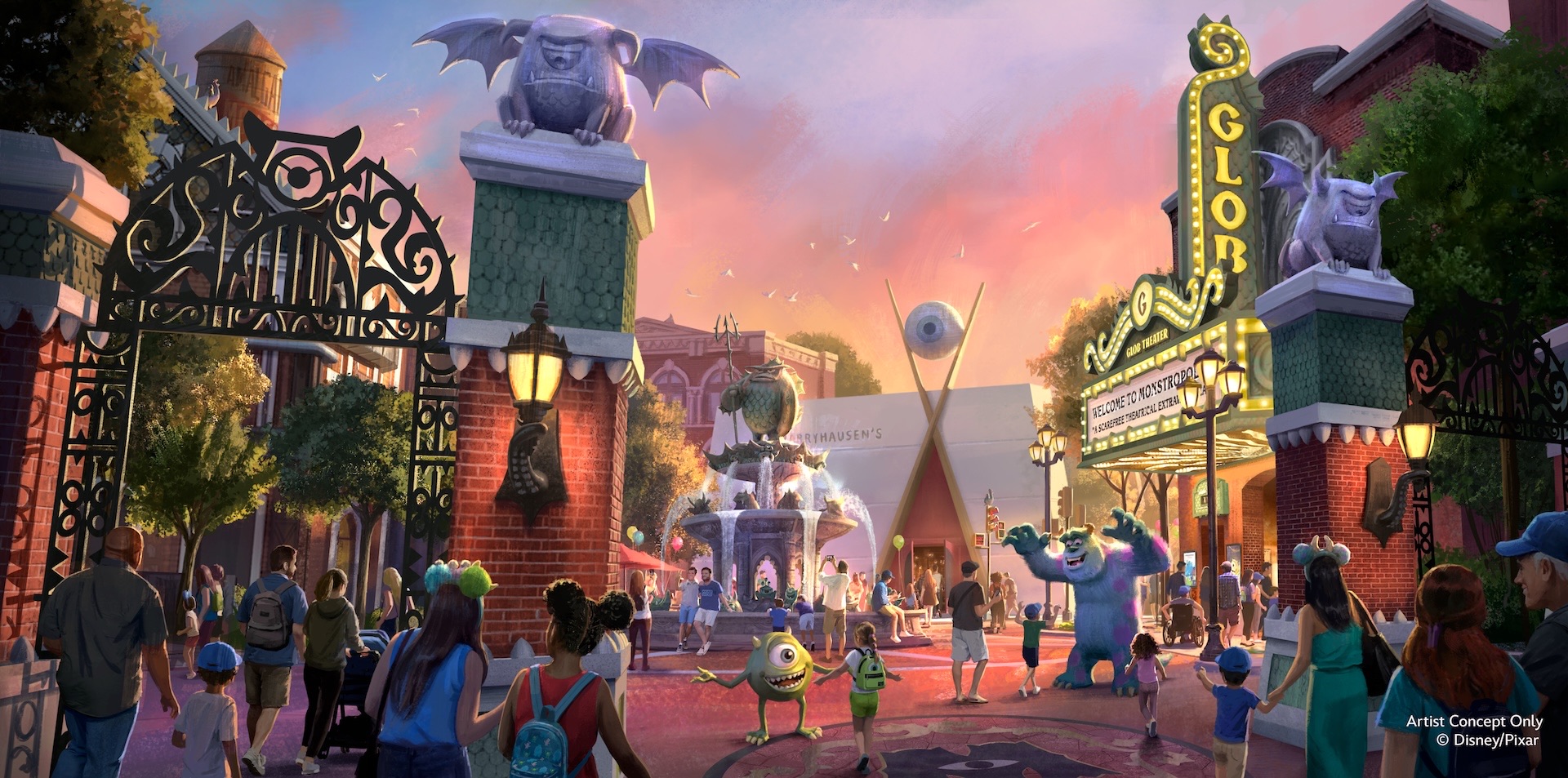 Concept art of the Monstropolis entrance at dusk: wrought-iron gates between brick pillars topped with winged gargoyle statues, the Glob Theater marquee reading Welcome to Monstropolis on the right, a fountain and the Harryhausen's building with a giant eyeball sculpture in the background, and Mike and Sulley greeting guests