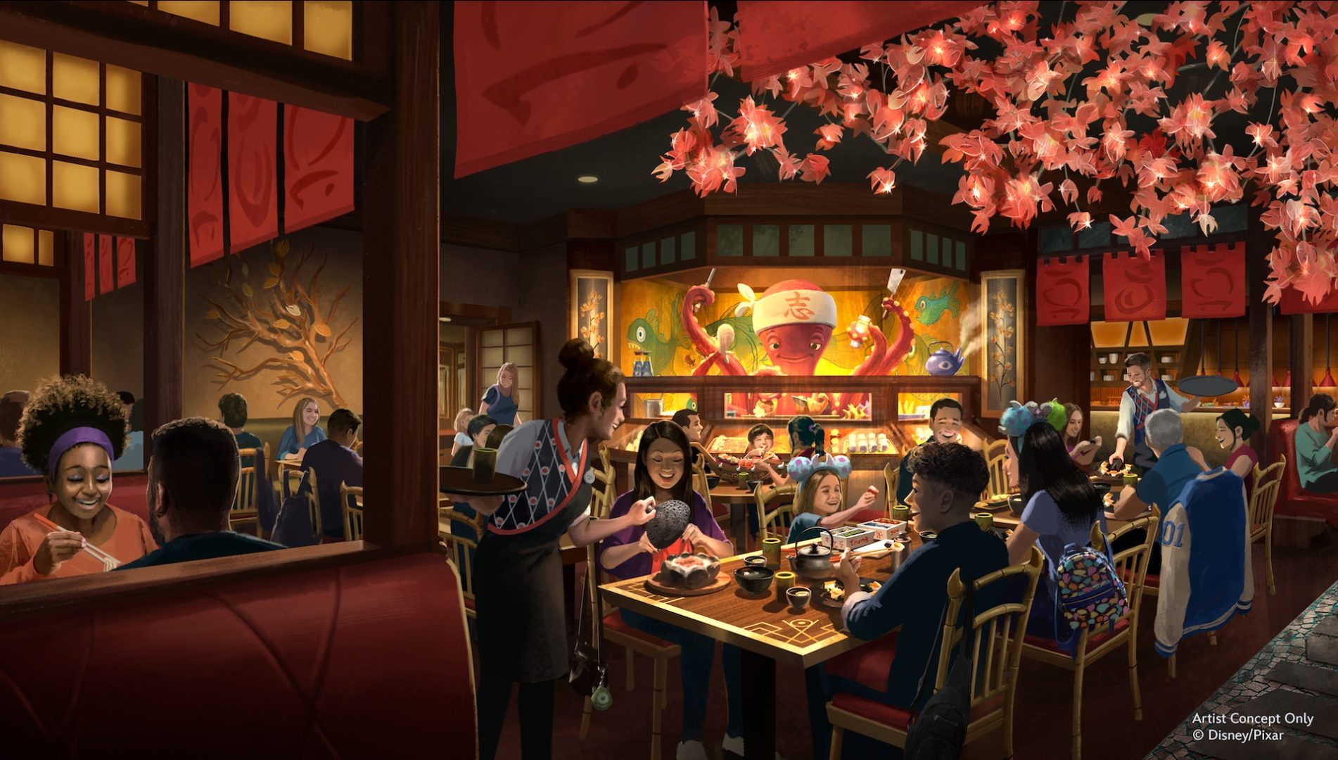 Concept art of the Harryhausen's dining room: red hanging banners and glowing red-pink leafy branches overhead, families at wooden tables, a server carrying a tray, and a red octopus-like sushi chef in a white headband working behind a glowing sushi counter