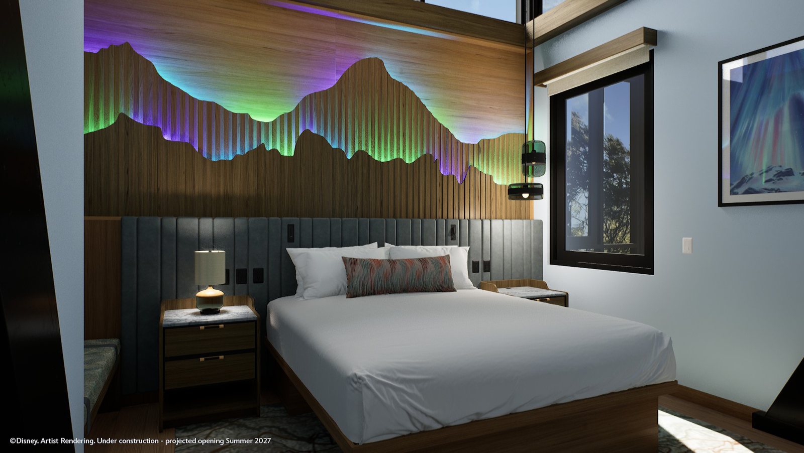Artist rendering of a bedroom with a white bed beneath a wall of mountain silhouettes lit with green and purple Northern Lights-style lighting