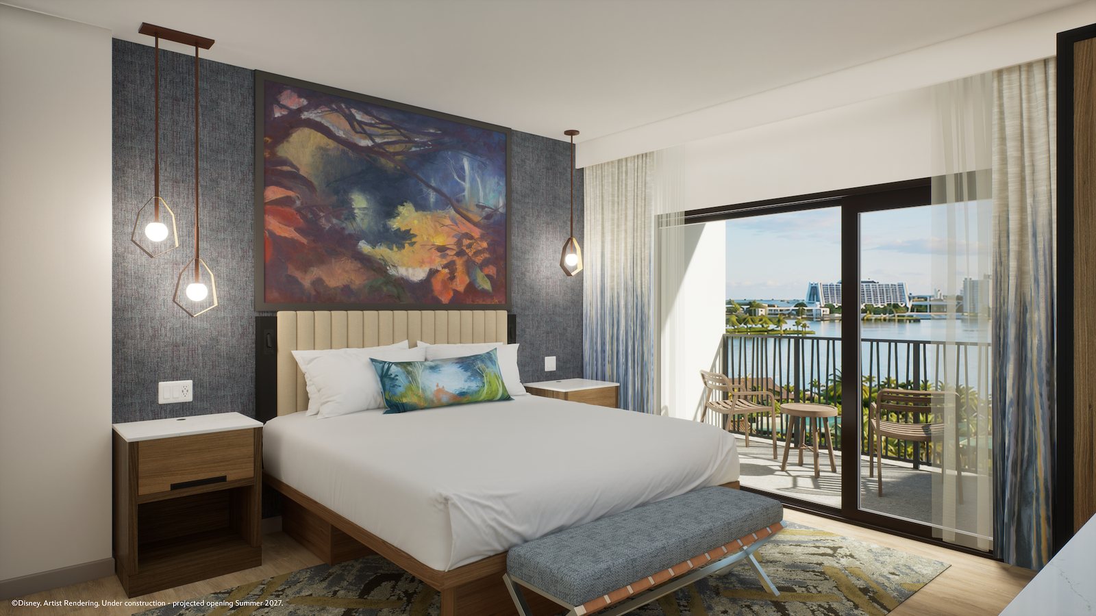 Artist rendering of a Lakeshore Lodge guest room with a white bed, a large painted forest scene above the headboard, pendant lights and an open balcony overlooking the water