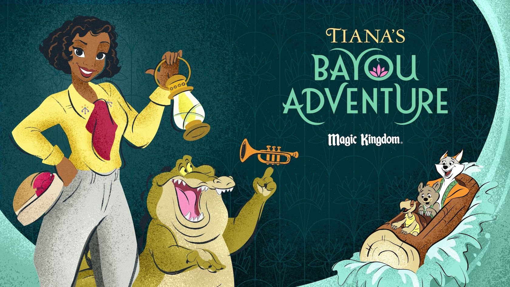 Illustrated key art of Tiana holding a lantern, Louis the alligator pointing at a trumpet, and critters riding a log down a splash, beside the Tiana's Bayou Adventure Magic Kingdom logo